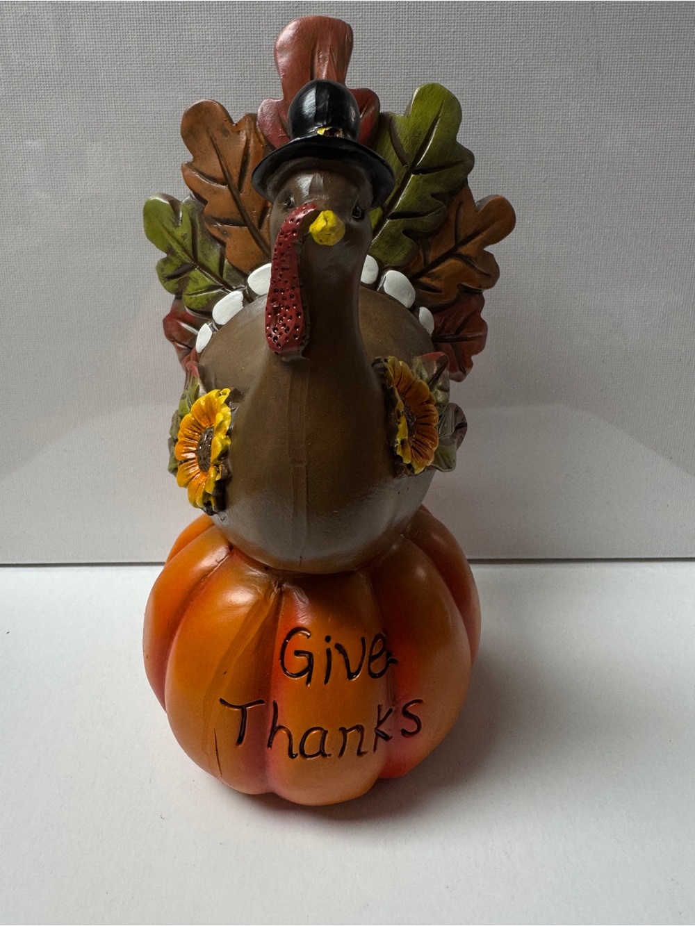Thanksgiving Turkey Figurine on Pumpkin with "Give Thanks" Text (New)